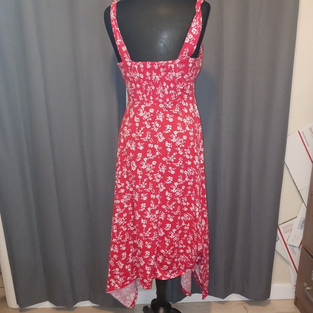 Red Floral Print Smocked Bodice Midi Tank Dress Asymmetrical Hankercheif Hem L - Picture 4 of 9